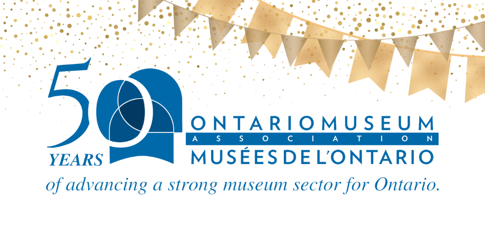 Visit the webpage for the OMA's 50th Anniversary--OMA 50th Anniversary logo with gold streamers