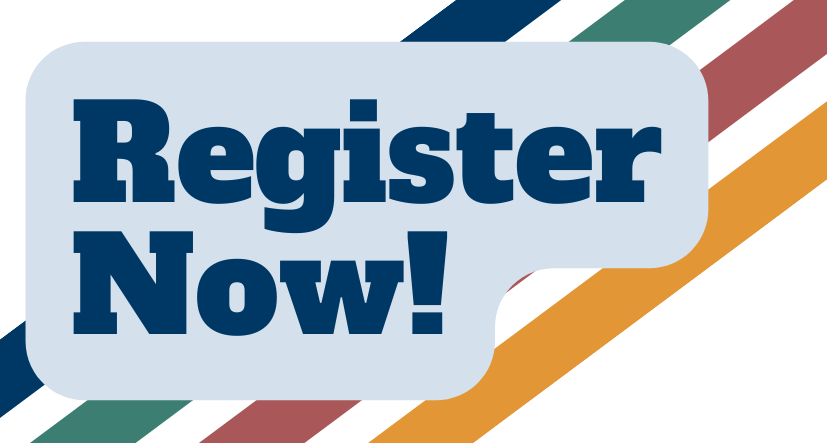 Dark blue text on a light blue bubble says "Register Now!" with four coloured diagonal lines in the background