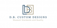 D.B. Custom Designs logo. Stylized letters D and B in navy blue and gold. Text underneath: D.B. Custom Designs, Museum Standards and Quality