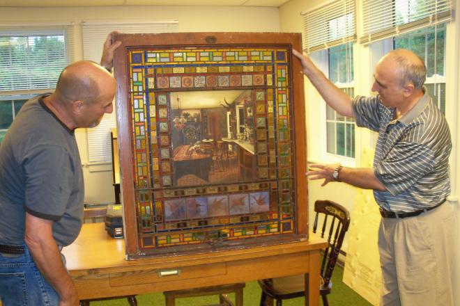 Uncrating of newly restored Harry Horwood stained glass windows